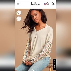 Lulu's Covey Cream Print Button-Up Tie-Front Thermal Top Sheer Sleeves Sz Medium